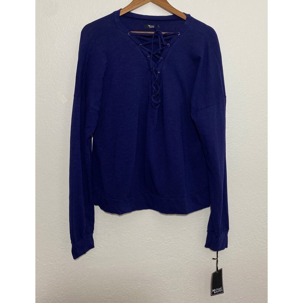 NWT Michael Lauren Cobalt Blue Vasquez Lace Front Pullover Top Size Large Casual